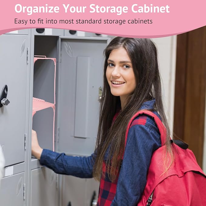 Locker Organizer Shelf Stackable Extra Locker Shelf for School Locker Organizer Storage Cabinet Accessories Suitable for School, Office, and Home use (1, Light Pink)