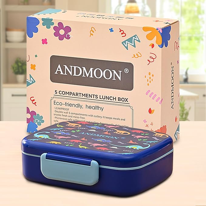 Bento Box for Kids Lunch Box Leak-Proof, Bento Lunch Box with 5 Compartments, Lunch Containers with 3 Silicone Baking Cups, Microwave/Dishwasher Safe (Blue Dinosaur/43OZ)