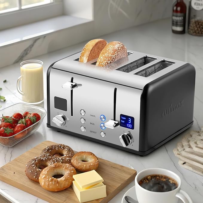 CUSIMAX 4 Slice Toaster with Smart LED Display, Stainless Steel Toaster with Exart Wide Slots, 6 Shade Settings, Bagel, Defrost and Cancel Fuction, 1650 Watts, Removable Crumb Trays, Black