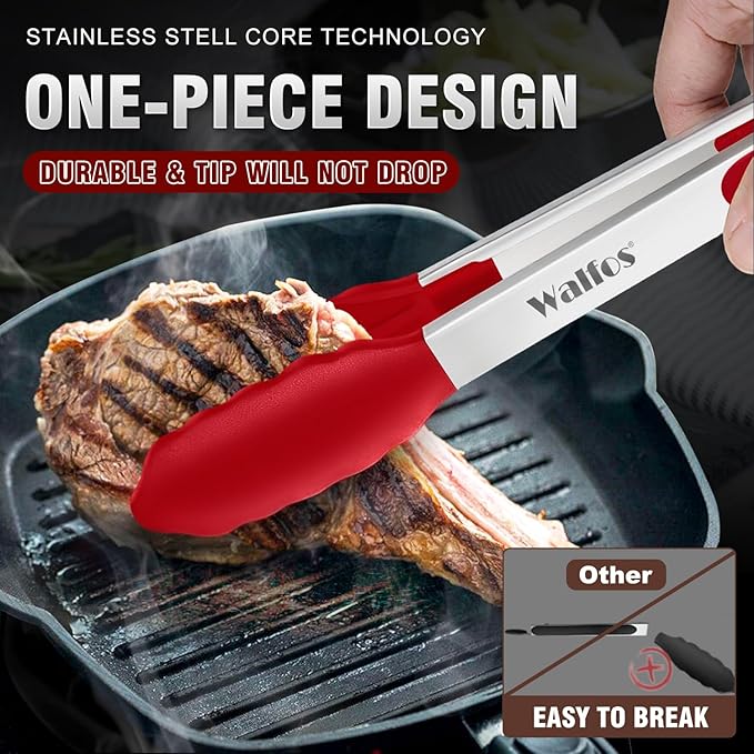 Walfos Kitchen Tongs - 7" 9" and 12" Heat Resistant Cooking Tongs, Stainless Steel and BPA Free Silicone Tips, Great for Cooking, Salad, Grilling, Turning, Dishwasher safe,set of 3