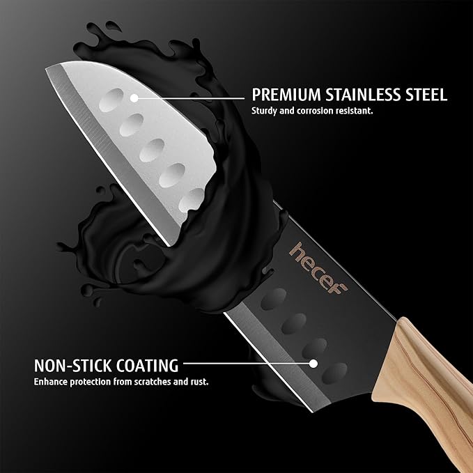 hecef Vintage Kitchen Knife Set of 3, Stainless Steel Blade with Black Non-stick Coating, Sharp Kitchen Knives Includes Santoku, Utility, Paring