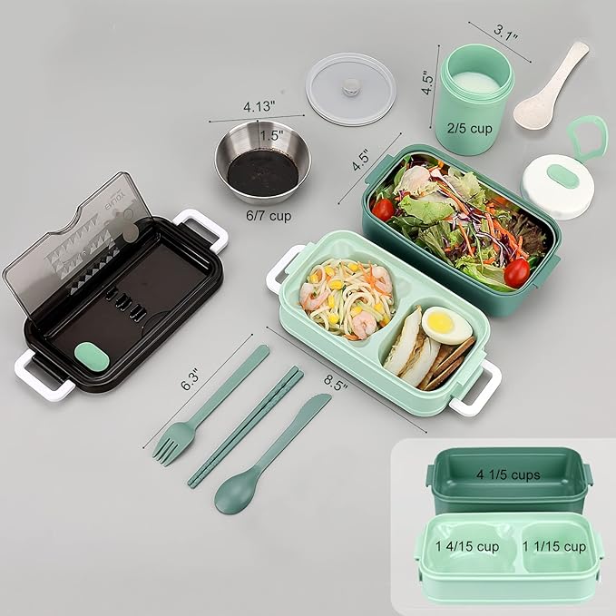 Adult Bento Lunch Box Kit, Bento Boxes Portable Lunch Box, Adult Bento Box with Lunch Bag, Bento Lunch Containers for Women, 1200ml Large Capacity Lunchbox BPA-Free(Green Metal)
