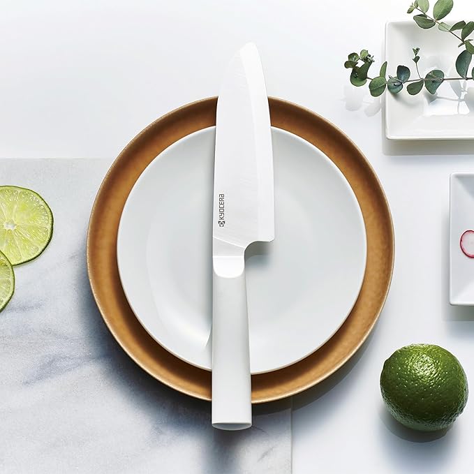 Kyocera INNOVATIONwhite 5.5" Ceramic Santoku Knife - White Z212 Blade with Non-Slip White Handle