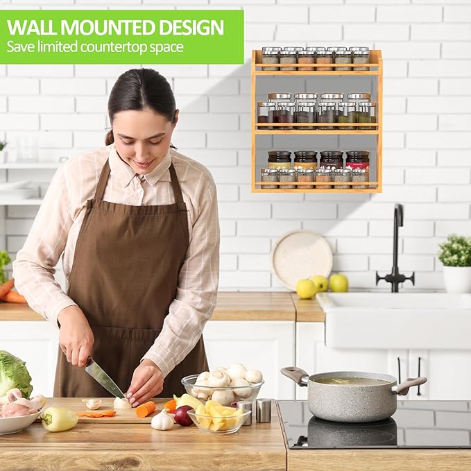 3 Tier Bamboo Spice Rack Organizer, Wood Seasoning Shelf, Spice Jars Storage Rack for Kitchen Countertop or Wall