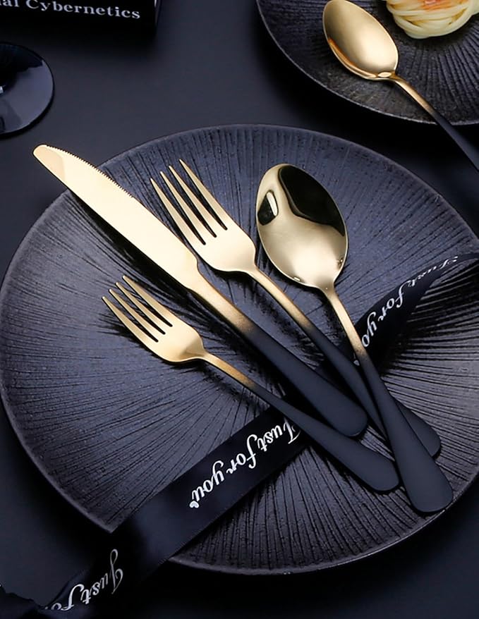 Black Silverware Set for 8 Modern 40 Piece Flatware Set 18/10 Stainless Steel Unique Black Gradual Change Gold Cutlery Utensils Sets for Home Kitchen Restaurant Tableware Set Mirror Polished