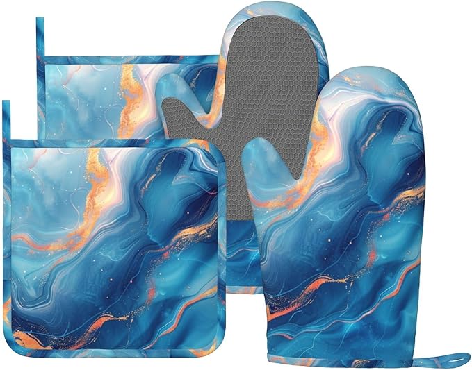 Oven Mitts and Pot Holders Blue Gold Marble Silicone Kitchen Accessories Set of 4 Heat Resistant Long Gloves Potholder Non-Slip Grip for Chef Cooking Baking Grilling BBQ