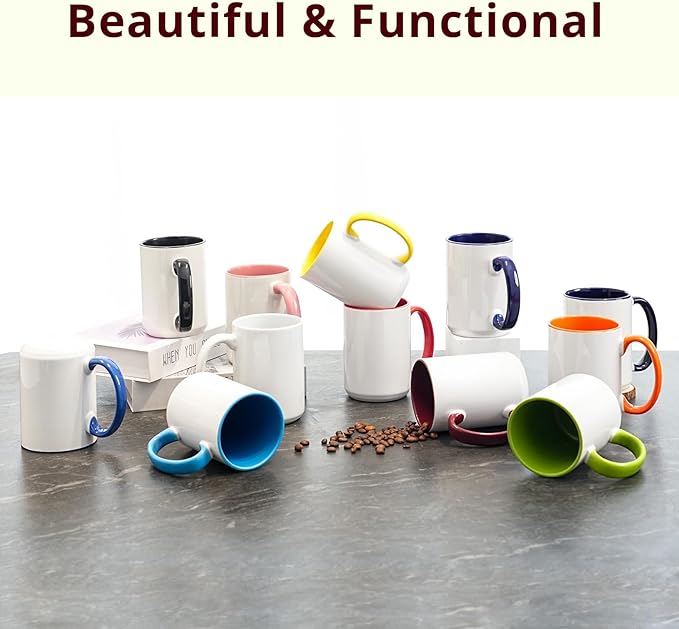 Ceramic 15oz White Sublimation Coffee Mug, 6 Assorted Colors of Black, Red, Blue, Yellow, Pink and Green, Case of 12