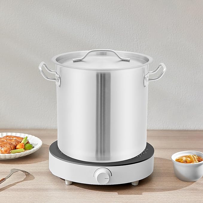 Large Stock Pot with Lid, Stainless Steel Cookware Stockpot, 22.2 Quart Heavy Duty Soup Pot with 2 Handles, All Stoves Compatible, Fast and Uniform Heating