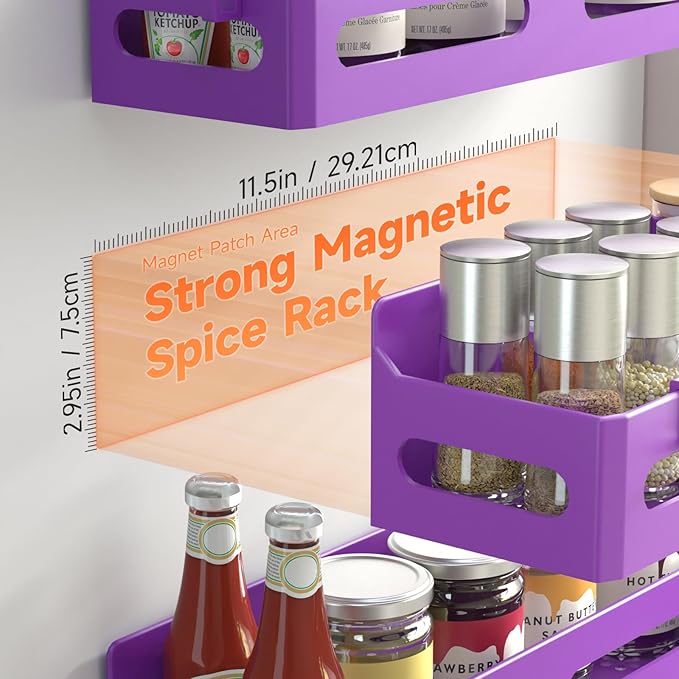 4 Pack Magnetic Spice Rack for Refrigerator, Spice Rack Organizer, Moveable Magnetic Shelf Fridge Organizer with 4 Hooks for Kitchen and Oven Organization, Purple