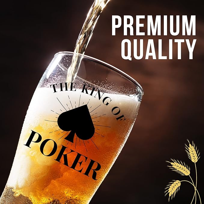 Poker Gifts for Men, Unique Gift for Poker Players and Lovers, Beer Print Glass 15 oz (443 ml) for Birthday, Christmas - Box and Card Included