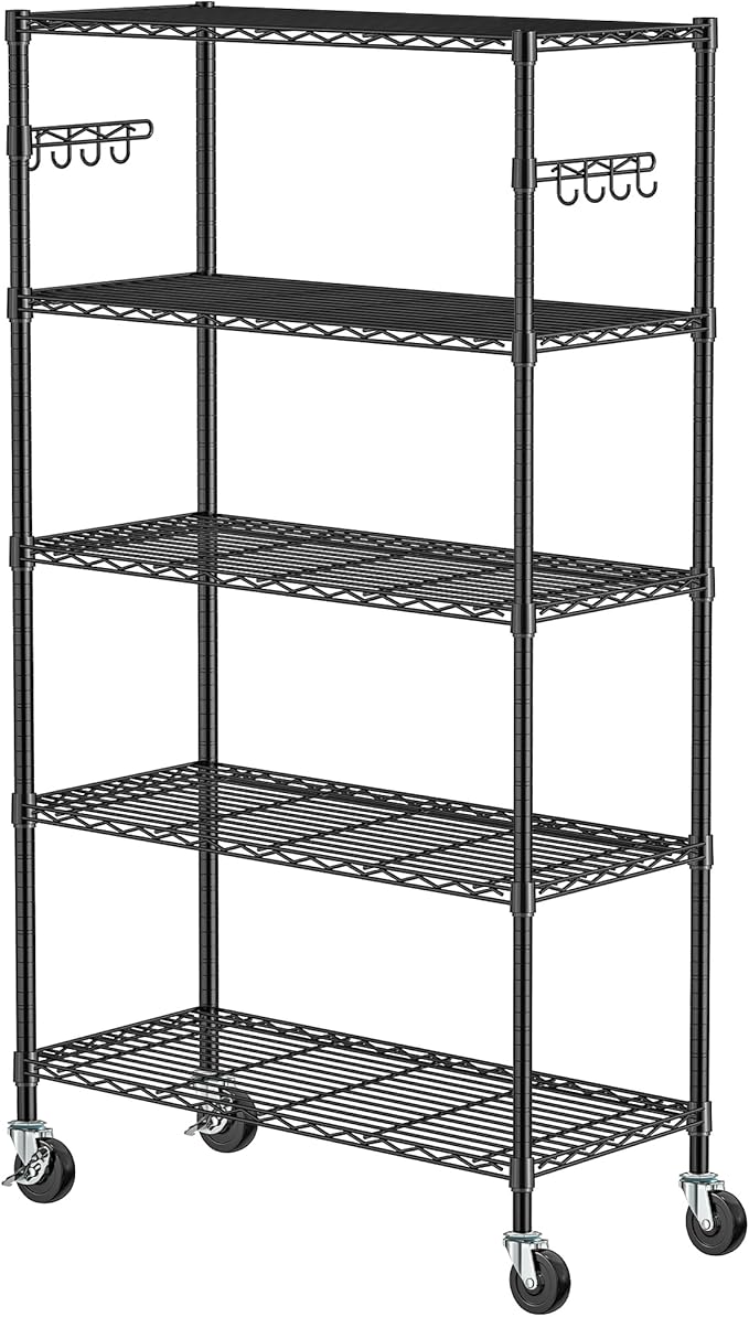 5 Tier Storage Shelves with Wheels Wire Rolling Garage Shelving Rack Organizer Heavy Duty Metal Unit Adjustable Utility Commercial Sturdy Shelves for Kitchen Garage Pantry Bathroom Closet Laundry