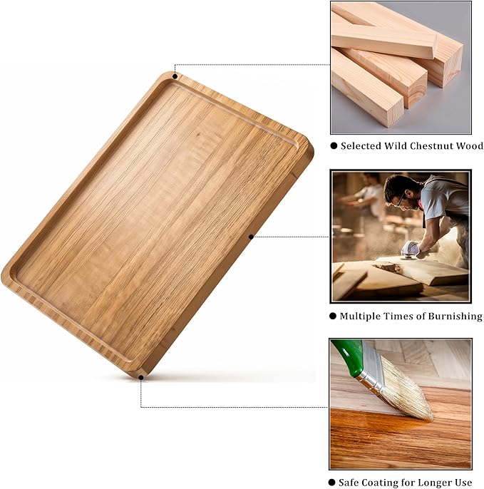 Wood Tray for Coffee Tea Extra Large Wooden Serving Tray for Food Fruit Snack Decorative Serving Platter, 17.7x13.8 Inches, Light Color