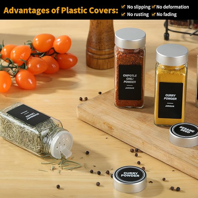 36 Glass Storage Jars- Spice Jars with Label-4oz Spice Containers with Shaker Lids，Silvery Lids,3 Sets of Spice Labels for Spice Rack, (36)