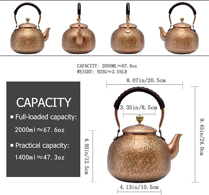 YJX Copper Tea Kettle For Stovetop, Japanese Style Non-Coating Pure Copper Teapot with Stainless Steel Infuser For Loose Tea, Large and Solid Tea Pot For 3-7 Cups (2000ml)