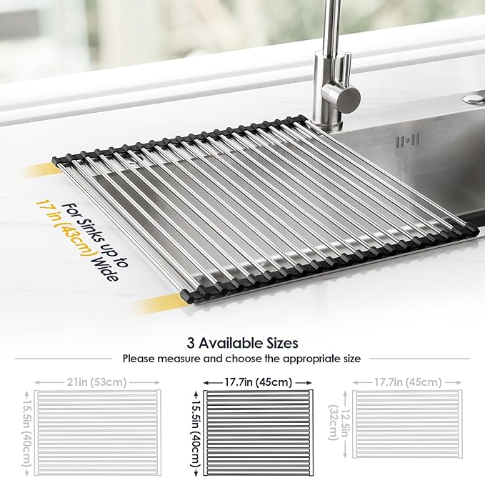 Tomorotec 17.7" x 15.5" Roll Up Dish Drying Rack Over Sink Drying Rack Sink Cover Kitchen Sink Accessories Gadget Multipurpose Organizer Foldable Stainless Steel Drainer