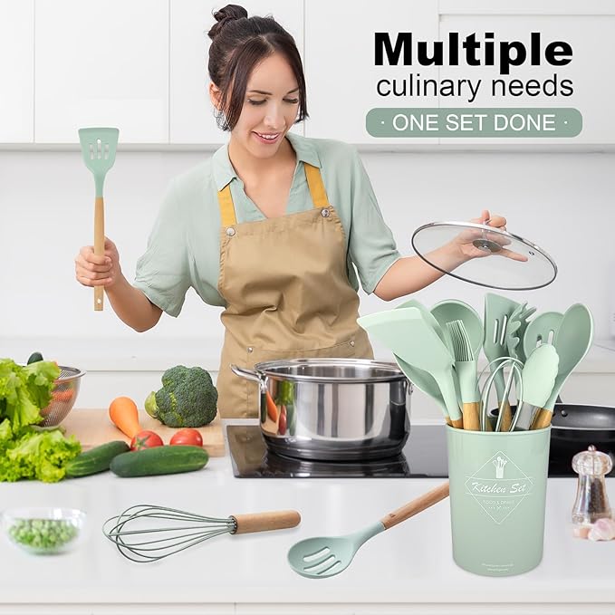 Silicone Cooking Utensils Kitchen Utensil Set - 446°F Heat Resistant Silicone Kitchen Utensils Set, Spatula,Turner Tongs, Spoon, Brush, Whisk,Kitchen Gadgets for Nonstick Cookware, BPA Free (Green)