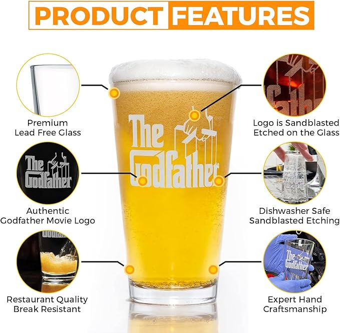 The Godfather Etched Pint Beer Glass - Officially Licensed, Premium Quality, Handcrafted Glassware, 16oz. - Perfect Collectible Gift for Movie Lovers, Birthdays & Special Occasions