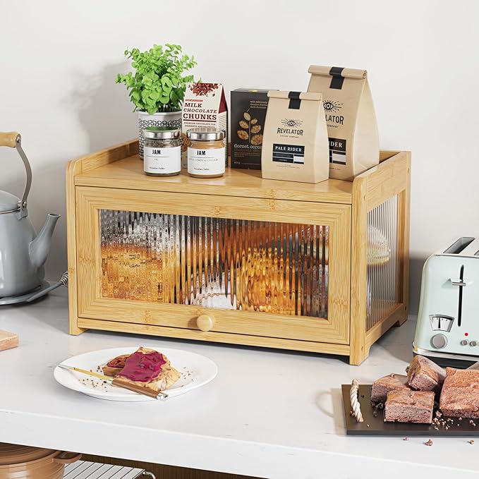 BAMBANG Extra Large Bamboo Bread Box for Kitchen Counter, Bread Storage Container Farmhouse Bread Box with 4 Sides Transparency, Wooden Breadbox Bread Bin Holder for Homemade Bread, Natural