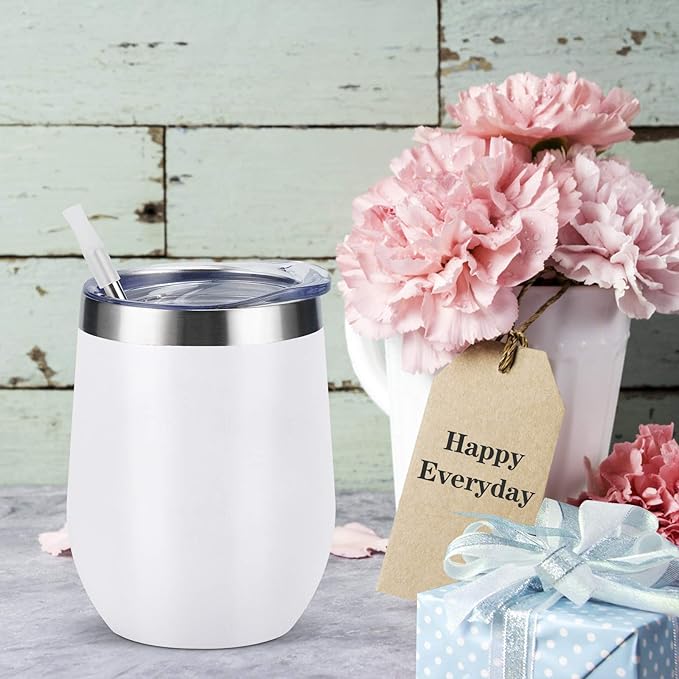 Lifecapido 4 Pack 12Oz Stainless Steel Stemless Wine Glasses, Insulated Wine Tumbler, Stainless Steel Wine Tumbler Cups with Lids and Straws for Coffee, Cocktails, Wine, Champaign, White