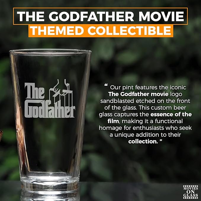 The Godfather Etched Pint Beer Glass - Officially Licensed, Premium Quality, Handcrafted Glassware, 16oz. Set of 4 - Perfect Collectible Gift for Movie Lovers, Birthdays & Special Occasions