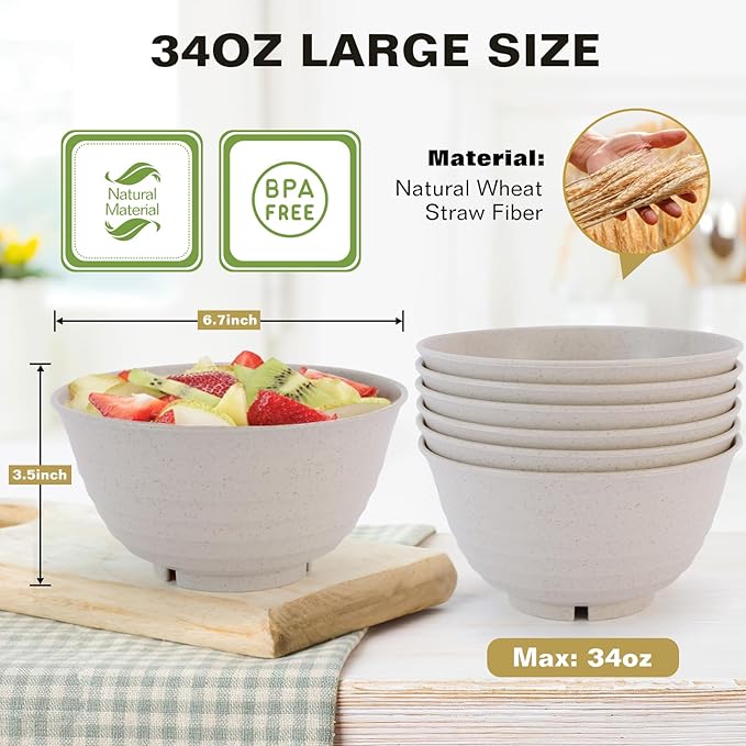 8 Pcs Wheat Straw Bowls, 34 Oz Plastic Soup Large Cereal Bowls Set Reusable, Unbreakable Lightweight Microwave Dishwasher Safe BPA-Free for Pho Pasta Kitchen Camping, Black