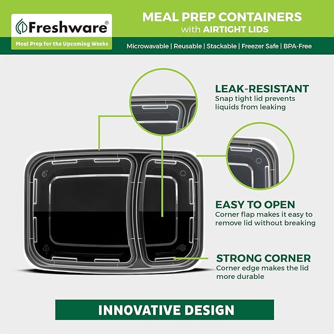 Freshware Meal Prep Containers [15 Pack] 2 Compartment with Lids, Food Storage Containers, Bento Box, BPA Free, Stackable, Microwave/Dishwasher/Freezer Safe (28 oz), Black