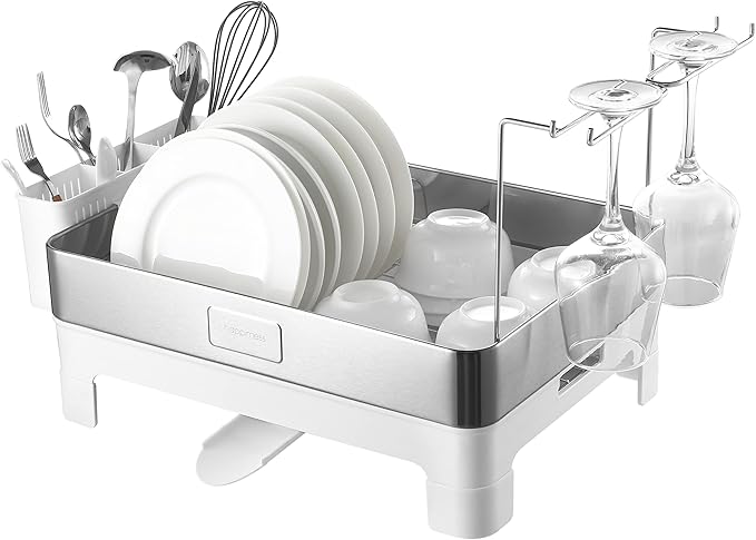 happimess DSH1003B Simple 20.5' Fingerprint-Proof Stainless Steel Dish Drying Rack, Dish Rack with Swivel Spout Tray and Wine Glass Holder, Utensil Holder, Stainless Steel/White, Silver/White