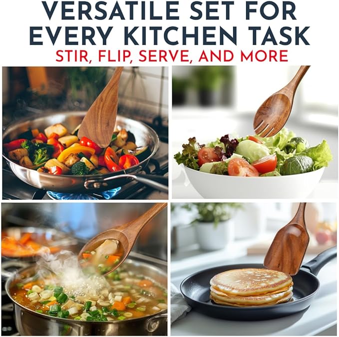 Teak Wooden Utensil Set 6-Piece - Smooth Finish Wooden Spoons for Cooking - Comfortable Grip, Non Scratch Premium Kitchen Wooden Cooking Utensils Set Teak Wood Cooking Utensils