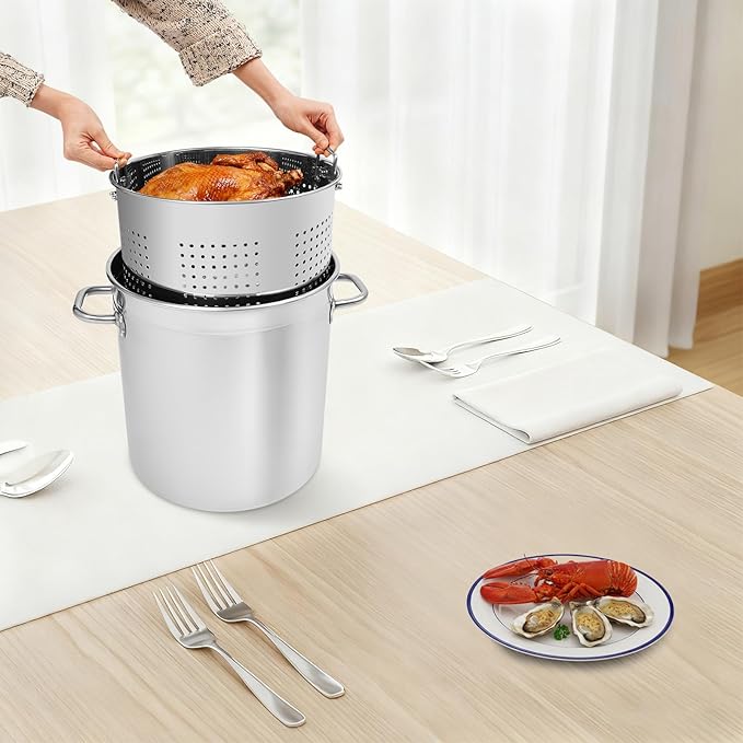 DYNAMI 37Qt Large Cooking Pot with Basket and Lid, Stainless Steel Stock Pot with Strainer,Multipurpose Cookware Soup Turkey Fryer Seafood Boil Pot,for Lobster Crab Shrimp