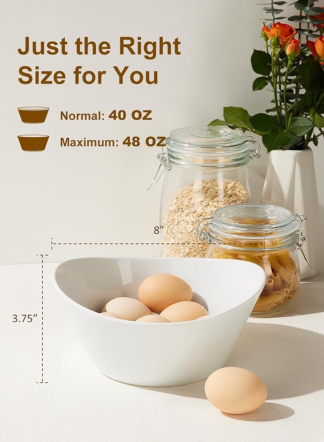 Yedio Salad Bowls Set, 40 Ounces Porcelain Serving Bowls for Kitchen, Large White Bowls for Soup, Oatmeal, Pasta, Snacks, Set of 2, Microwave Dishwasher Safe