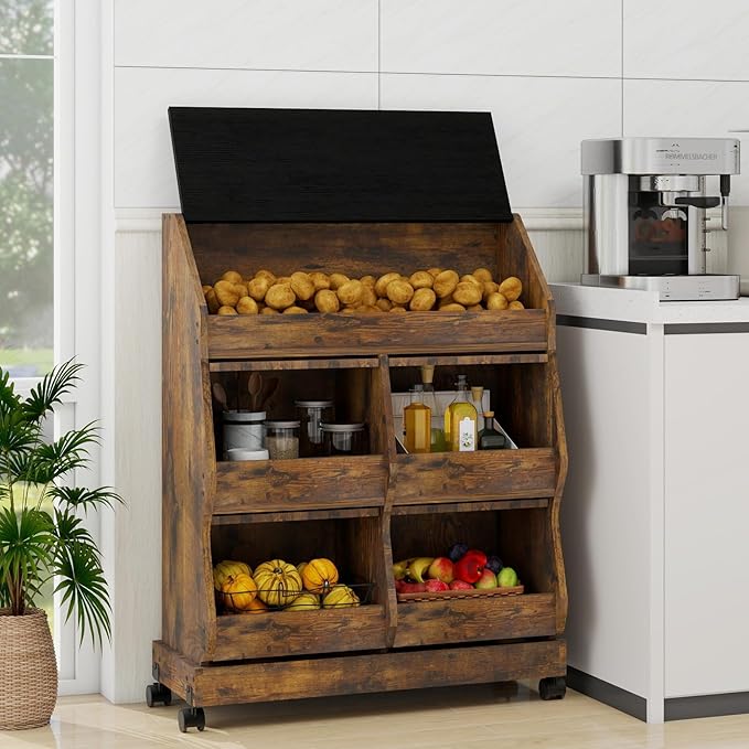 ARTETHYS Potato and Onion Storage Bin for Kitchen Large Potato Storage Box with Wheels 3 Tier Bread Container Holder with Lid and Grocery Section Decorative Vegetable Organization Cabinet for Kitchen