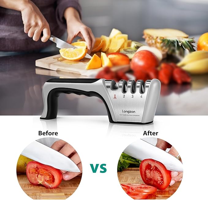 Longzon 4-in-1 Knife Sharpener [4 Stage] with a Pair of Cut-Resistant Glove, Original Premium Polish Blades, Best Kitchen Knife Sharpener Really Works for Fruit Knife and Steel Knives, Scissors