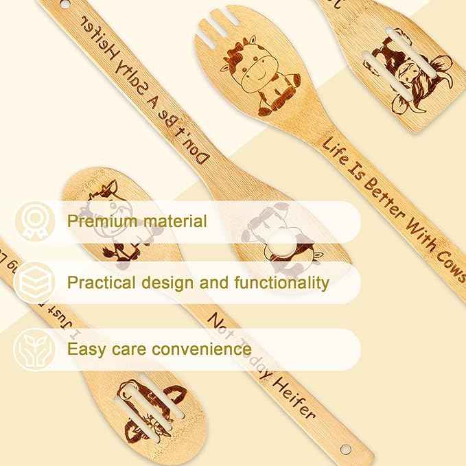 Cow Wooden Spoons for Cooking, Cow Gifts for Women, Cute Cow Kitchen Decor Cow Stuff, Engraved Non-stick Bamboo Cow Kitchen Accessories, Cow Themed Gift for Cow Lovers Mothers Day Gift