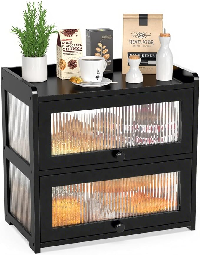 BAMBANG Extra Large Bamboo Bread Box for Kitchen Counter, Double Layer Bread Storage Container Farmhouse Bread Box with 4 Sides Transparency, Breadbox Bin Holder for Homemade Bread, Black