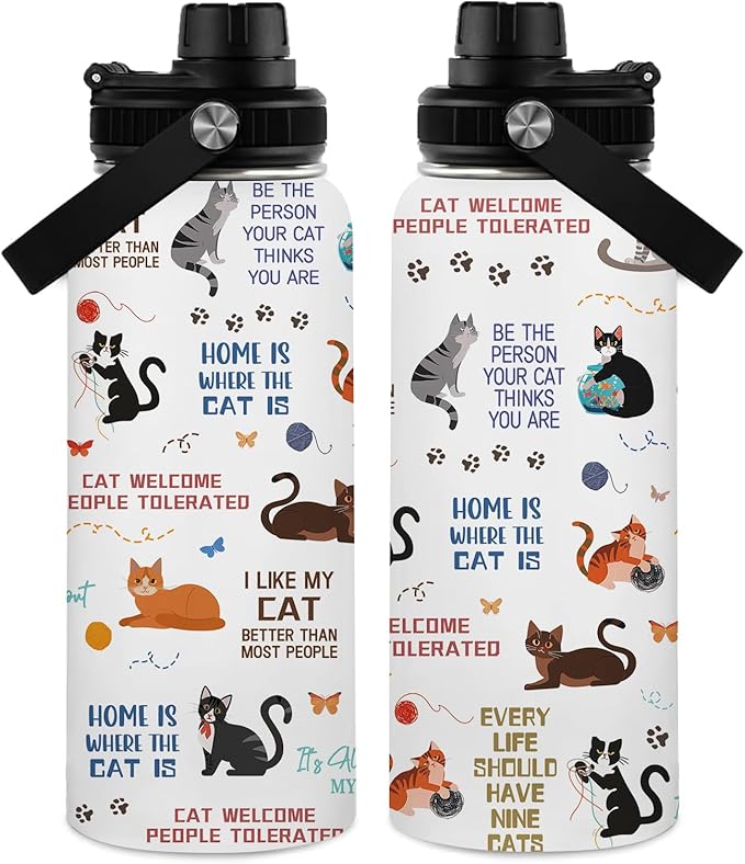 Cats Gifts for Women, 32 oz Insulated Water Bottle, Stainless Steel Sports Travel Bottles, Cute Cat Water Bottles Gifts for Cat Lovers (1pcs)