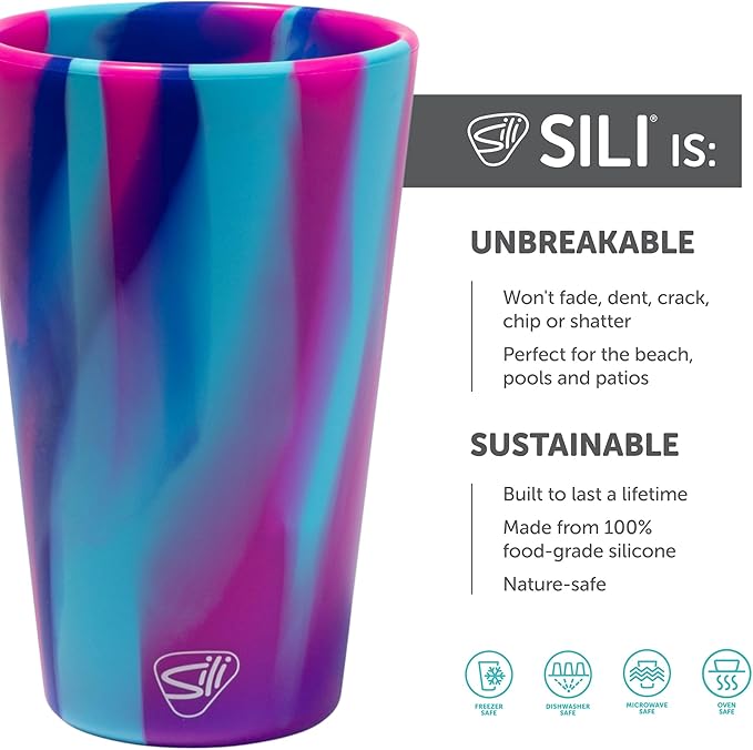 Silipint 16oz Silicone Pint Glass – Unbreakable BPA-Free Reusable Silicone Drinking Cup – Flexible Dishwasher Microwave & Freezer Safe – Stemless Glass for Coffee Smoothies (Cool Berry Crush)