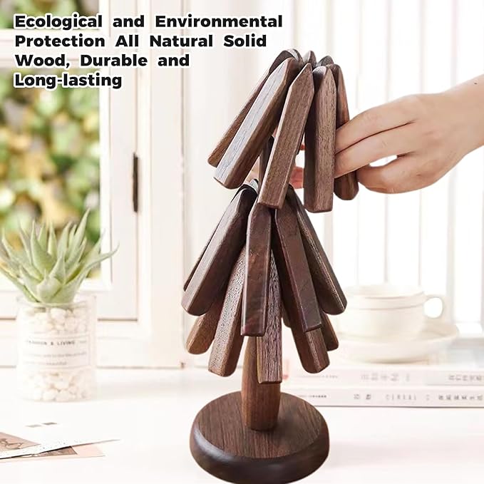 Wooden Tree Coasters, Trivets for Hot Dishes, Trivets for Hot Pots and Pans, Wooden Tree Trivet Set - 3 or 4 Wooden Trivet + 1 Stand, Christmas Coasters (Walnut,4pcs-B)