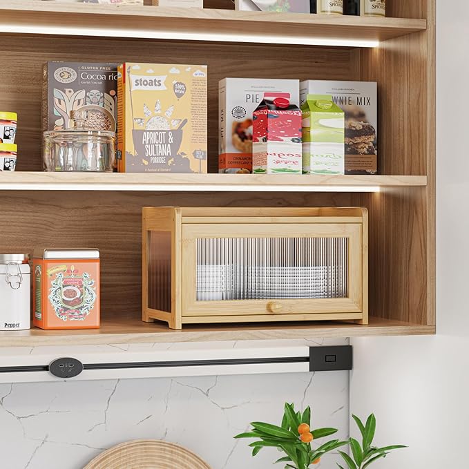 BAMBANG Extra Large Bamboo Bread Box for Kitchen Counter, Bread Storage Container Farmhouse Bread Box with 4 Sides Transparency, Wooden Breadbox Bread Bin Holder for Homemade Bread, Natural