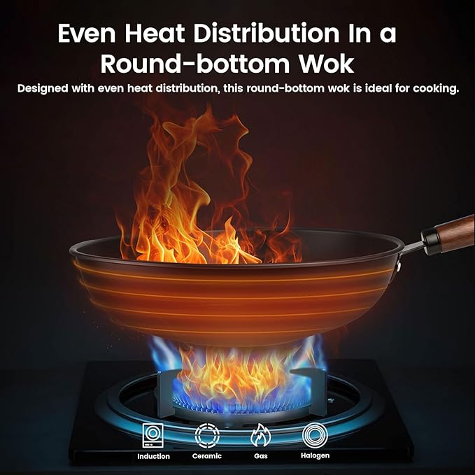 13-inch Round-Bottom Deep-Nitrided Carbon Steel Wok with Tempered Glass Lid & 304 Stainless Steel Rack, Naturally Nonstick After Seasoning, for Induction Wok Cooktops & Gas Stoves