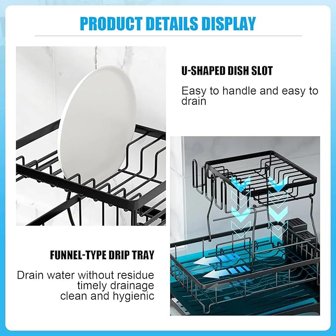 Large 2-Tier Dish Drying Rack for Kitchen countertops, Removable Large-Capacity Dish draining Rack