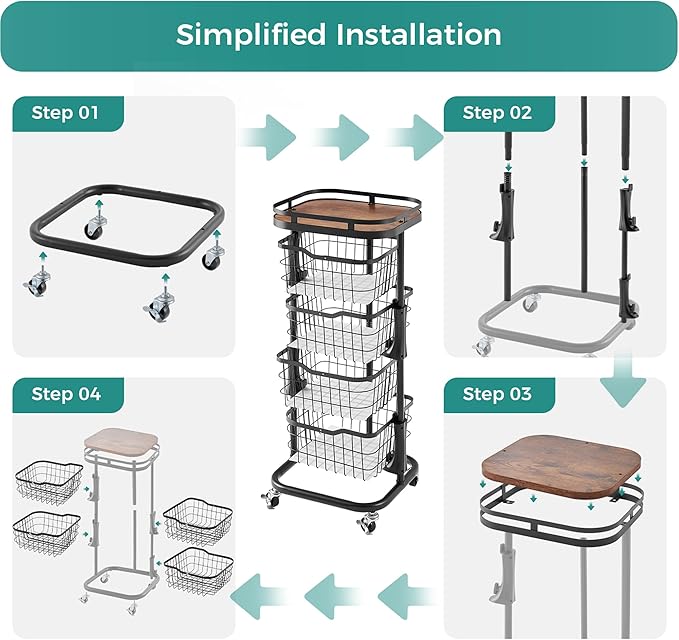 4 Tier Kitchen Fruit Vegetable Storage Cart with One-Piece Rotating Basket, Pantry Organizer Shelf Rack Floor Stand for Veggie Onion Potato Produce Spice, Rolling Snack Cart on Wheels, Black