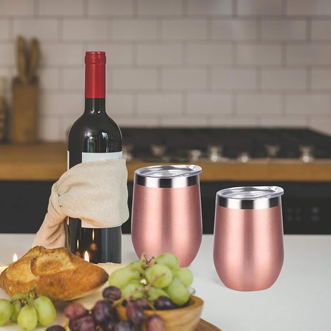 Lifecapido 4 Pack 12Oz Stainless Steel Stemless Wine Glasses, Insulated Wine Tumbler, Stainless Steel Wine Tumbler Cups with Lids and Straws for Coffee, Cocktails, Wine, Champaign, Rose Gold…
