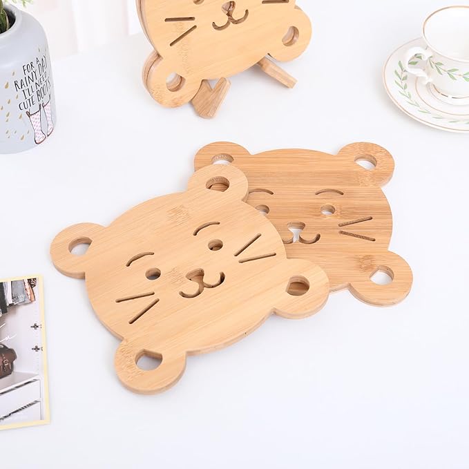7.4x7.4 Inch Bamboo Trivets for Hot Pots & Coffee Mugs - 3-Layer Heat Resistant Wooden Coasters with Non-Slip Feet, 4-Pack + Holder (Wildlife)