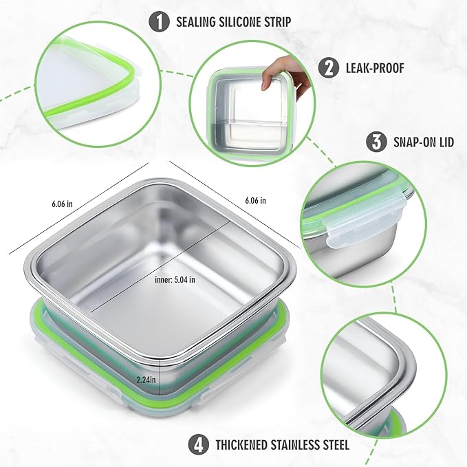 3 Pack Sandwich Containers, 24oz Stainless Steel Sandwich Box with Airtight Lids, BPA-Free, Dishwasher Safe, Durable & Reusable Metal Meal Prep Lunch Boxes for Fruits, Snacks, Bento (Green)