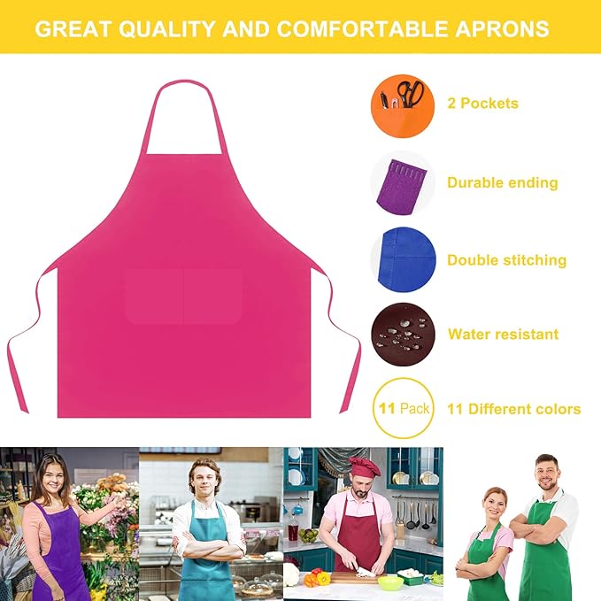 11 Pack Plain Color Bib Bulk Aprons for Women Men Chef, Waterproof Baking Painting Artist Cooking Kitchen Aprons with 2 Pockets (11, Multicolor)
