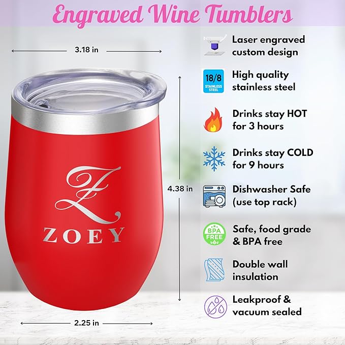 Gifts Inscribed Personalized Wine Tumbler with Lid – Red Custom Engraved Stainless Steel Insulated Mug for Hot & Cold Drinks – Customized Bridesmaid, Wedding, or Birthday Gift