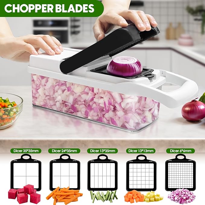Vegetable Chopper, 10 Blades Slicer Onion Dicer, Multi 23-in-1 Veggie Mandoline Food Cutter for Tomato Fruit, Vegetable cutter with Hand Protector, Egg Separator & Slicer, Container（White）