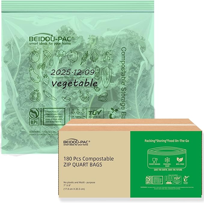 Compostable Quart Food Storage Freezer Bags, 180 Count | 2 Mil | 8 IN x 7 IN, Freshness Easy Open Biodegradable, Eco-Friendly Reclosable Compost Zipper Bags