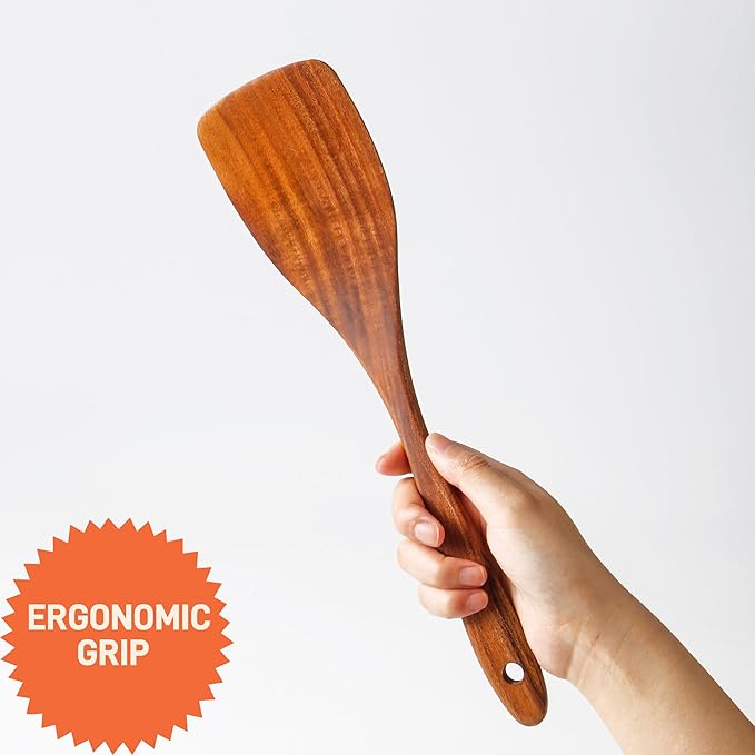 6 PCS Wooden Spoons for Cooking - Teak Wooden Cooking Utensils Set with Holder - Non-Stick, Soft Grip, Ergonomic Design - Natural Finish