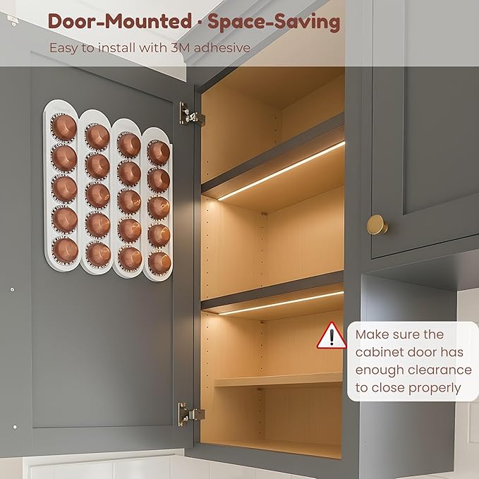Bamboo Coffee Pod Holder, Adhesive Wall Mount for Cabinet Door, 20-Capsule Storage (Set of 4) — Vertical/Horizontal — Compatible with Nespresso Vertuo Line-White